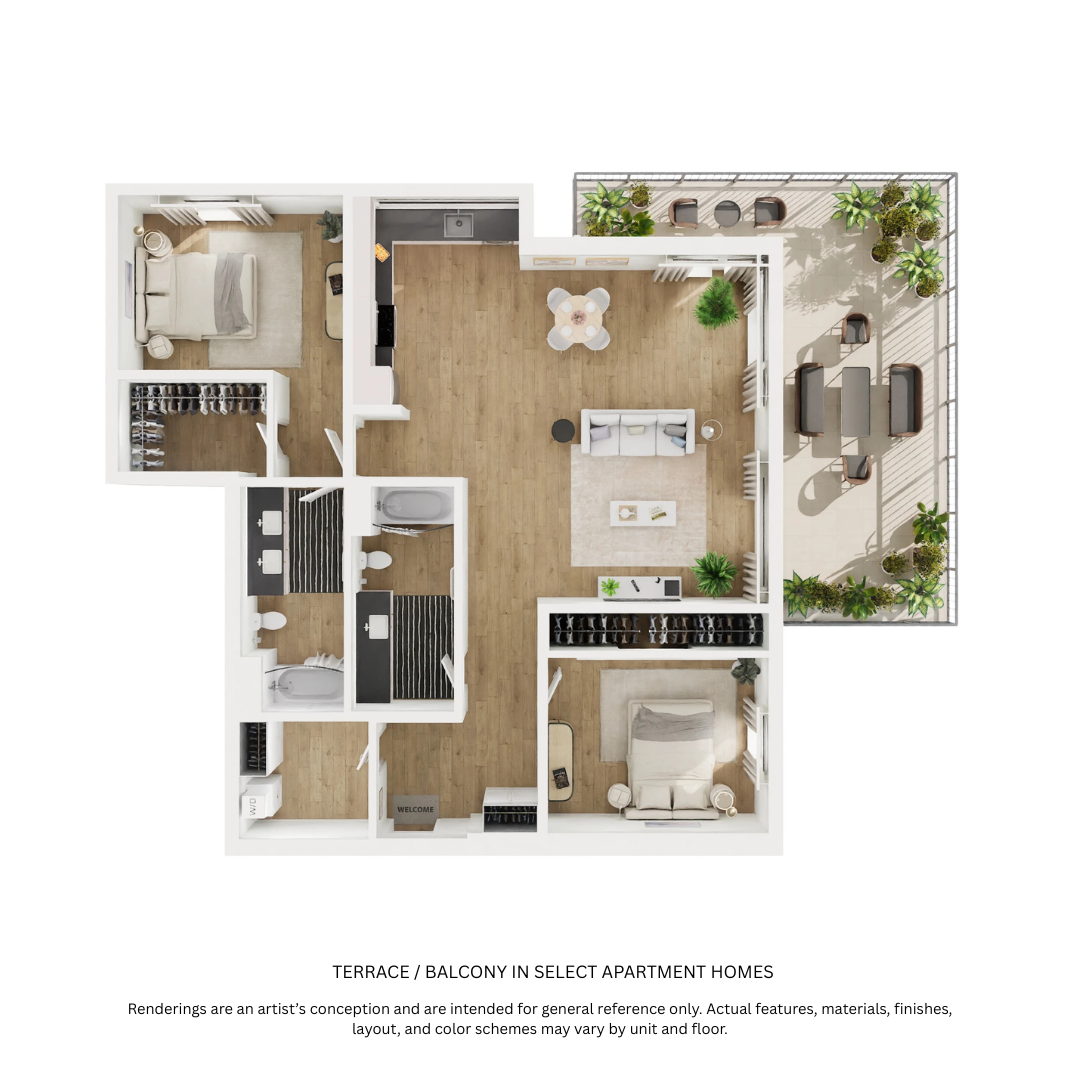 Floor plan for 2 beds, 2 baths, 1134 sqft